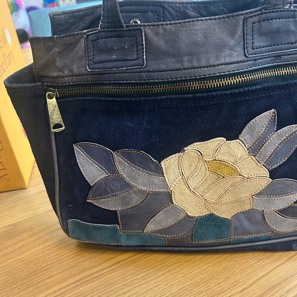 Elegant Navy Blue Floral Tote Bag suede magnolia pattern worn but mostly clean - Picture 6 of 6